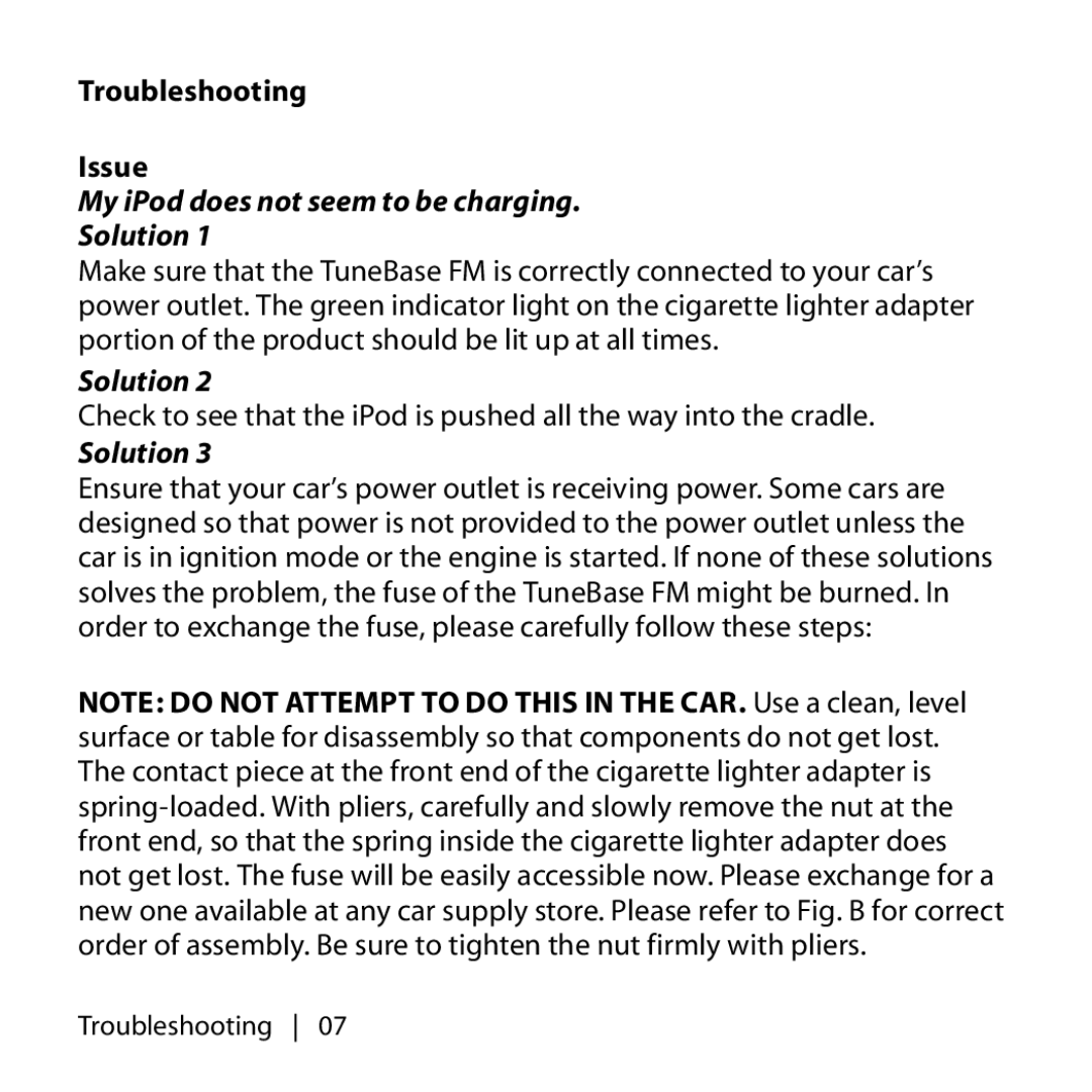 Belkin F8V7097 user manual My iPod does not seem to be charging Solution 