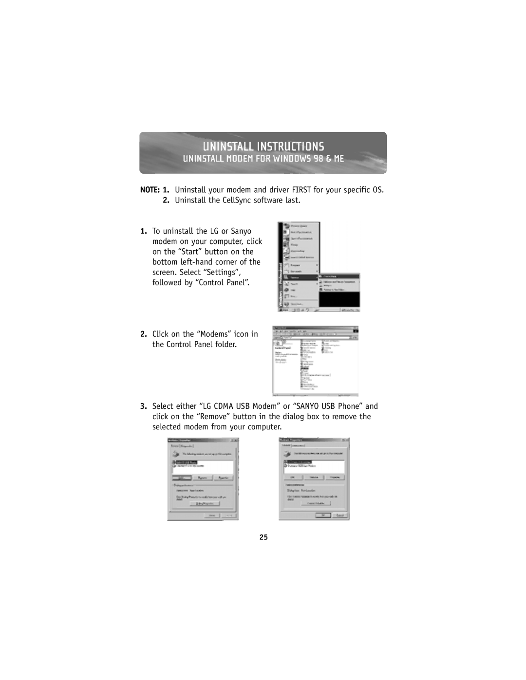 Belkin F8V7D008-SS, F8V7D006-SS user manual Uninstall Instructions, Uninstall Modem for Windows 98 & ME 