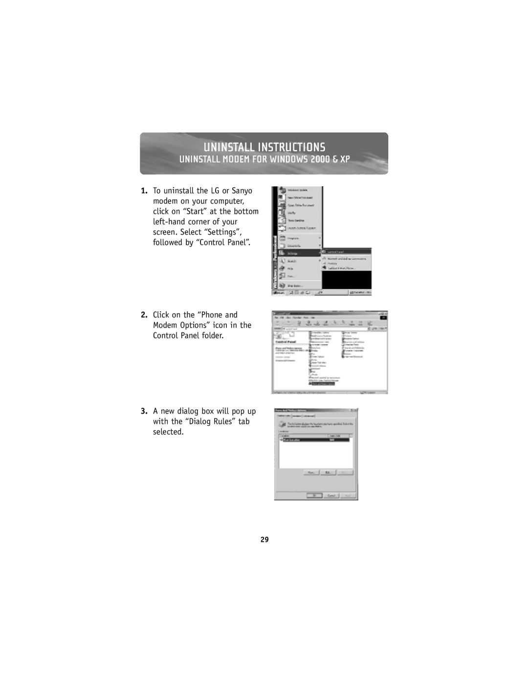 Belkin F8V7D008-SS, F8V7D006-SS user manual Uninstall Modem for Windows 2000 & XP 