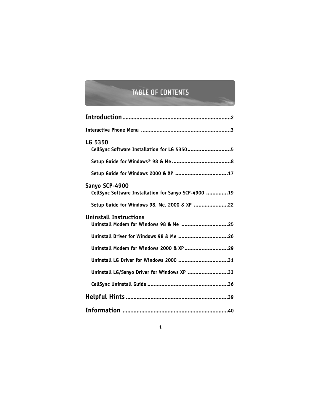 Belkin F8V7D008-SS, F8V7D006-SS user manual Table Of Contents, Information, Sanyo SCP-4900, Uninstall Instructions 
