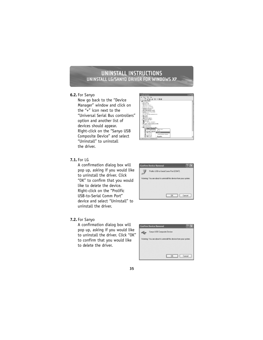 Belkin F8V7D008-SS, F8V7D006-SS user manual Uninstall Instructions, Uninstall Lg/Sanyo Driver For Windows Xp, For Sanyo 
