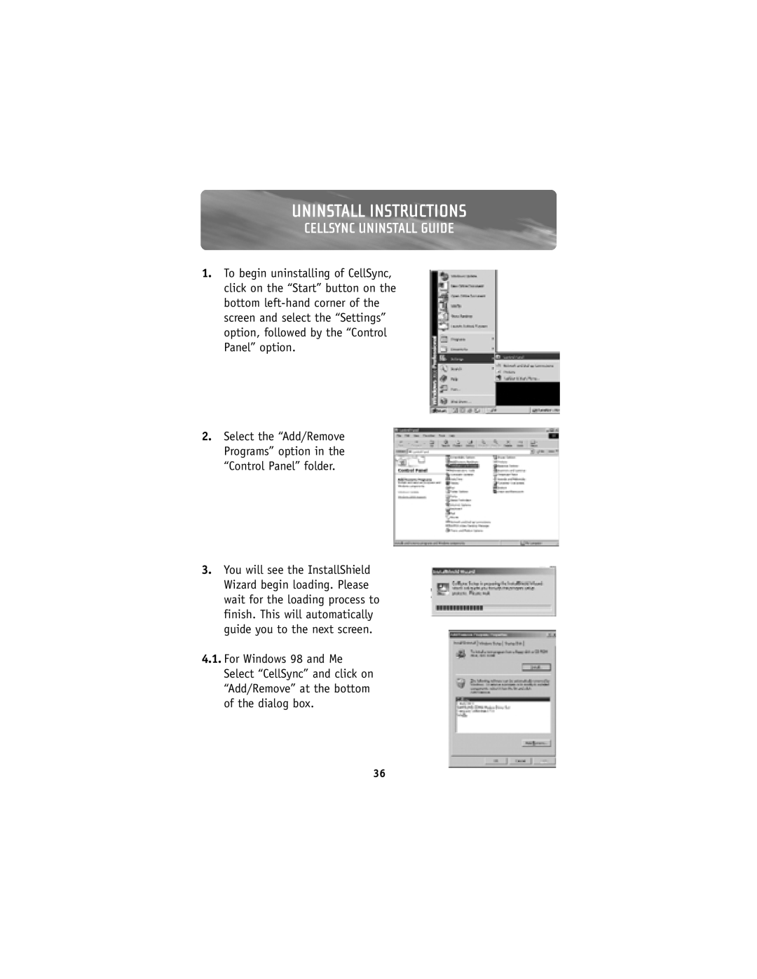 Belkin F8V7D006-SS, F8V7D008-SS user manual Cellsync Uninstall Guide, Uninstall Instructions 