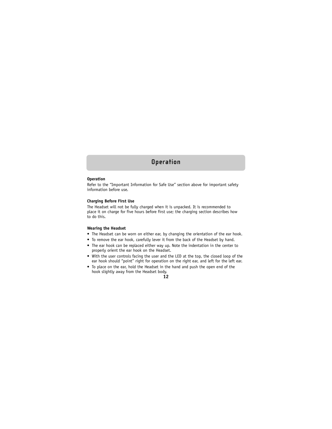 Belkin F8V9017 user manual Operation, Charging Before First Use, Wearing the Headset 