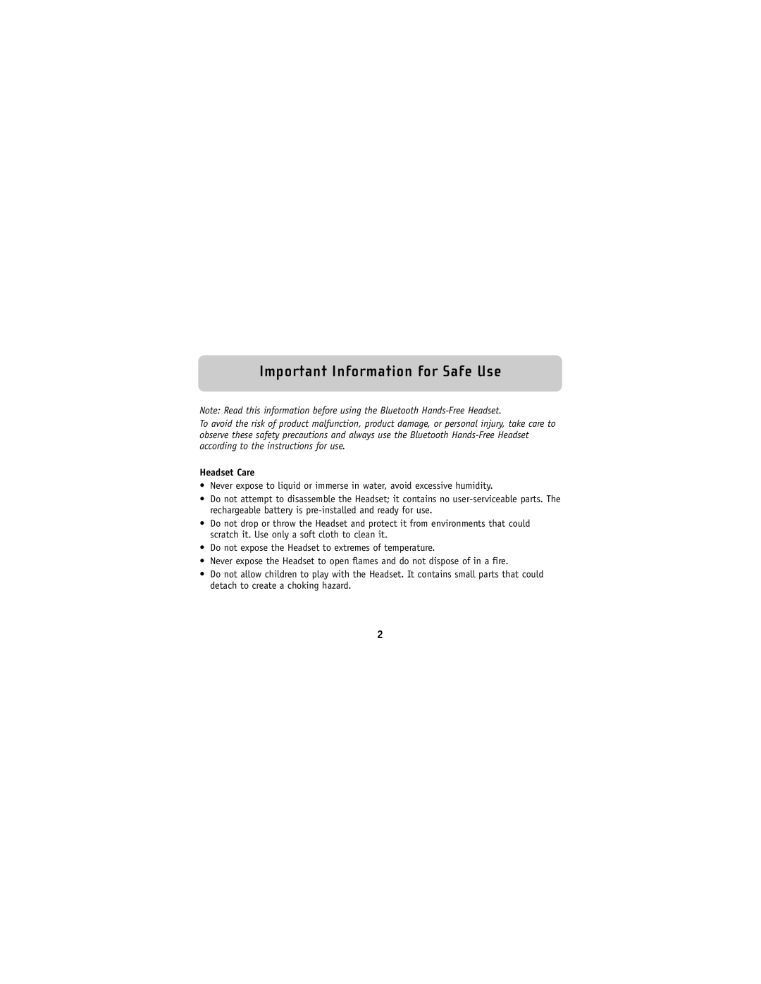 Belkin F8V9017 user manual Important Information for Safe Use, Headset Care 