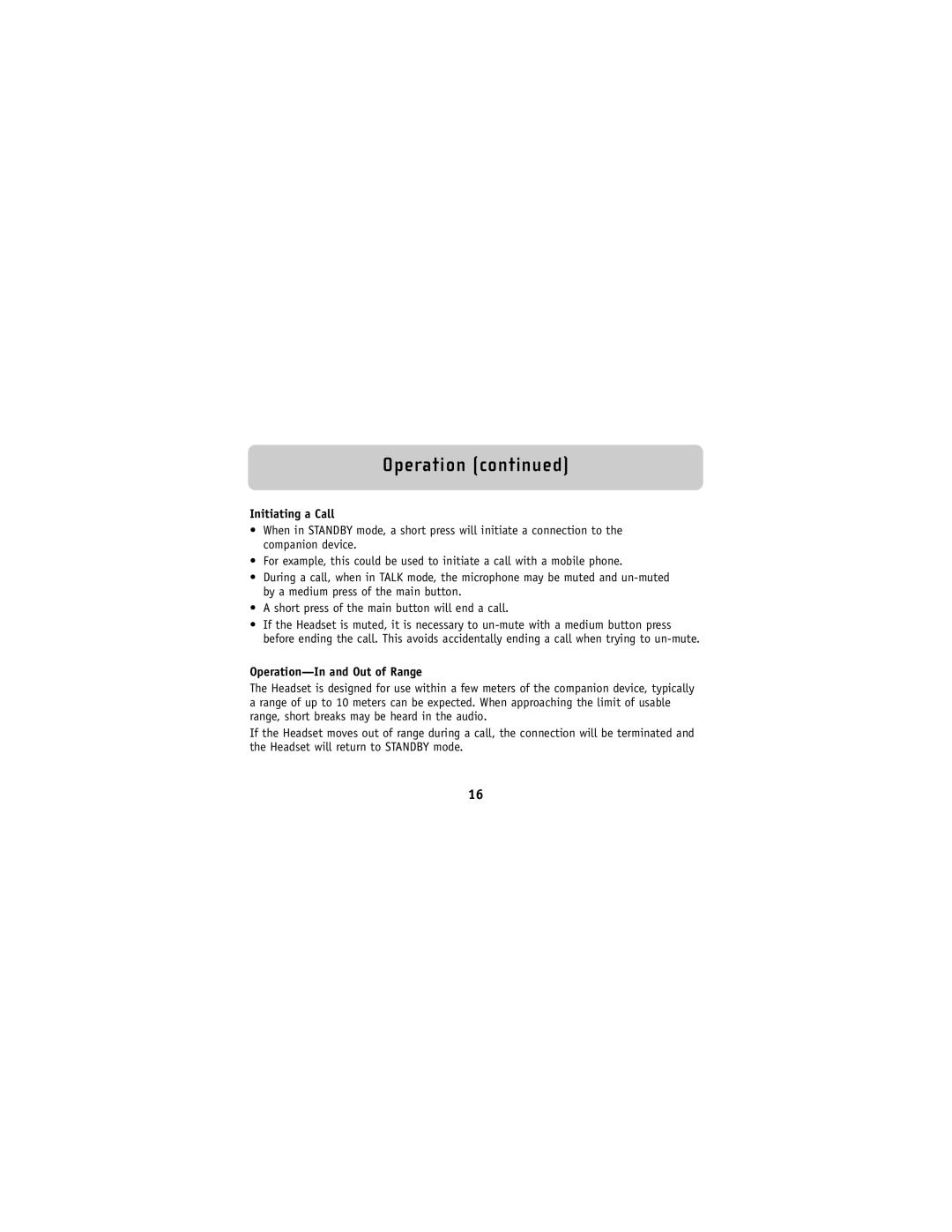 Belkin F8V9017 user manual Initiating a Call, Operation-Inand Out of Range, Operation continued 