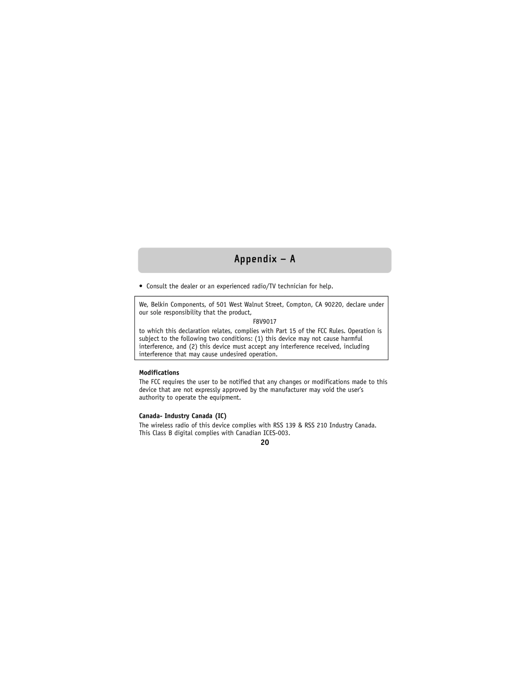 Belkin F8V9017 user manual Modifications, Canada- Industry Canada IC, Appendix - A 