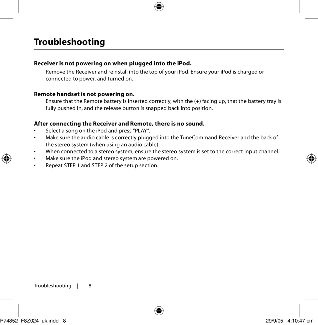 Belkin F8Z024EA Troubleshooting, Receiver is not powering on when plugged into the iPod, Remote handset is not powering on 