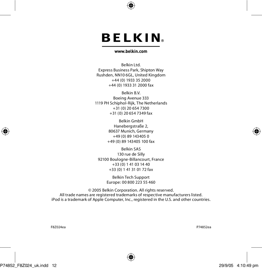 Belkin F8Z024EA user manual P74852F8Z024uk.indd 29/9/05 41049 pm 