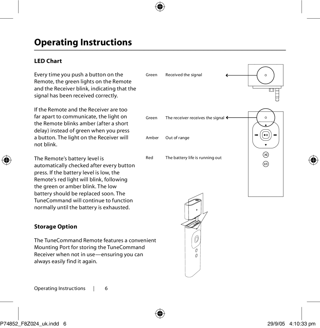 Belkin F8Z024EA LED Chart, Every time you push a button on, Remote, the green lights on the Remote, Storage Option 