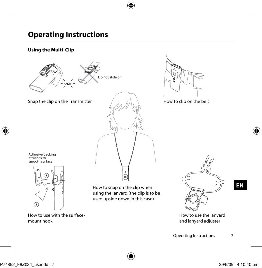 Belkin F8Z024EA user manual Using the Multi-Clip, Snap the clip on the Transmitter, How to use with the surface- mount hook 