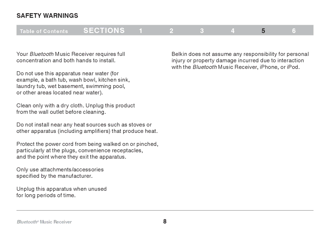 Belkin F8Z492 8820tt00264 user manual Safety warnings 