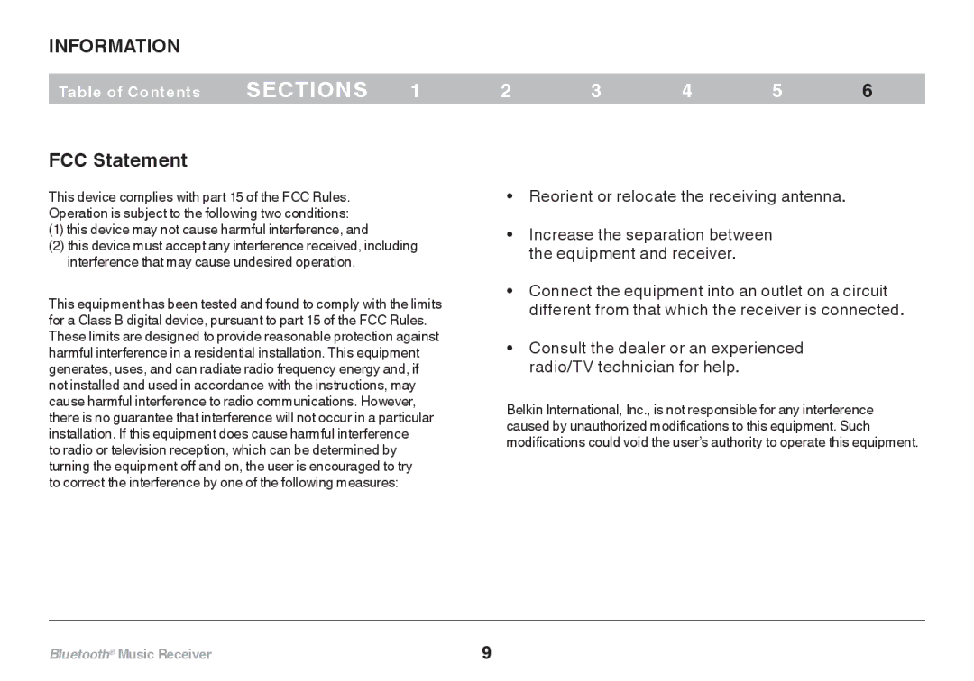 Belkin F8Z492 8820tt00264 user manual InFormation, FCC Statement 