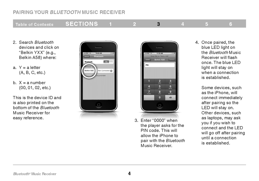 Belkin F8Z492 8820tt00264 user manual Pairing Your Bluetooth Music Receiver 