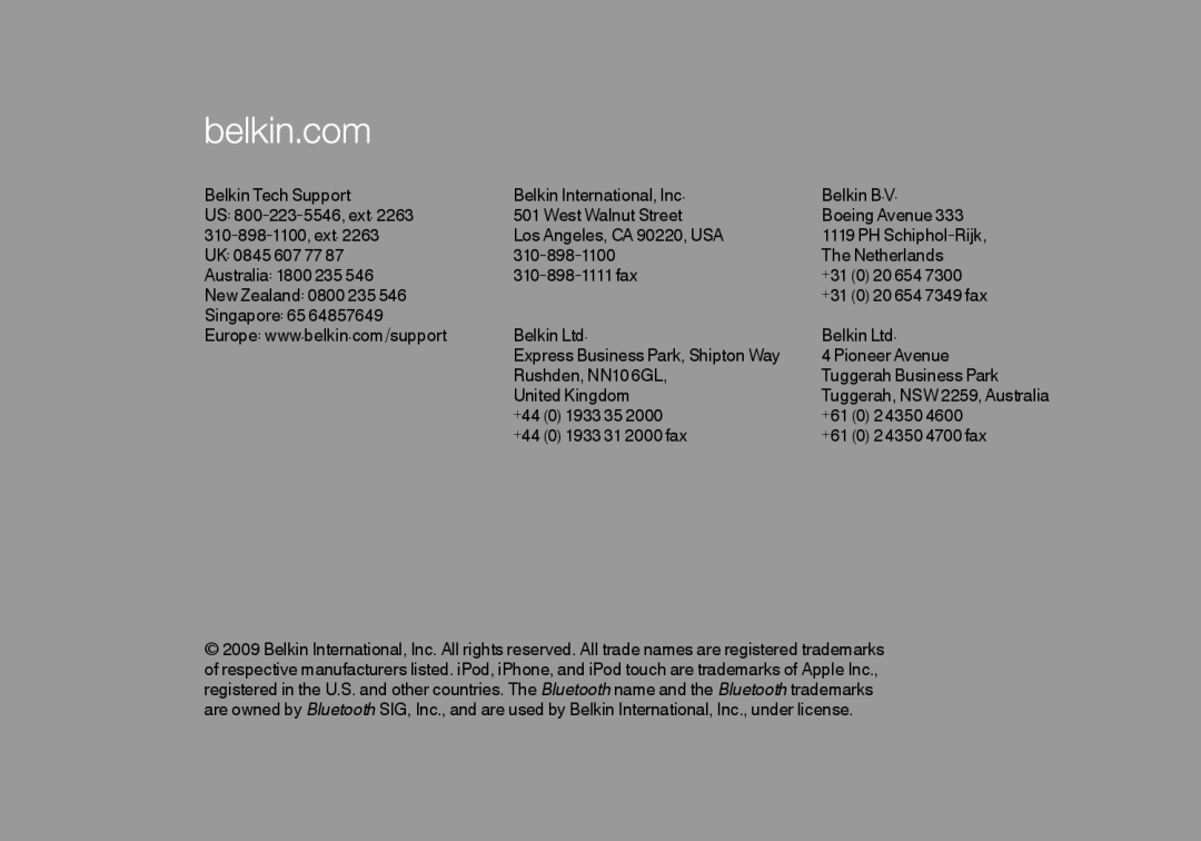 Belkin F8Z492 8820tt00264 user manual Belkin Tech Support 