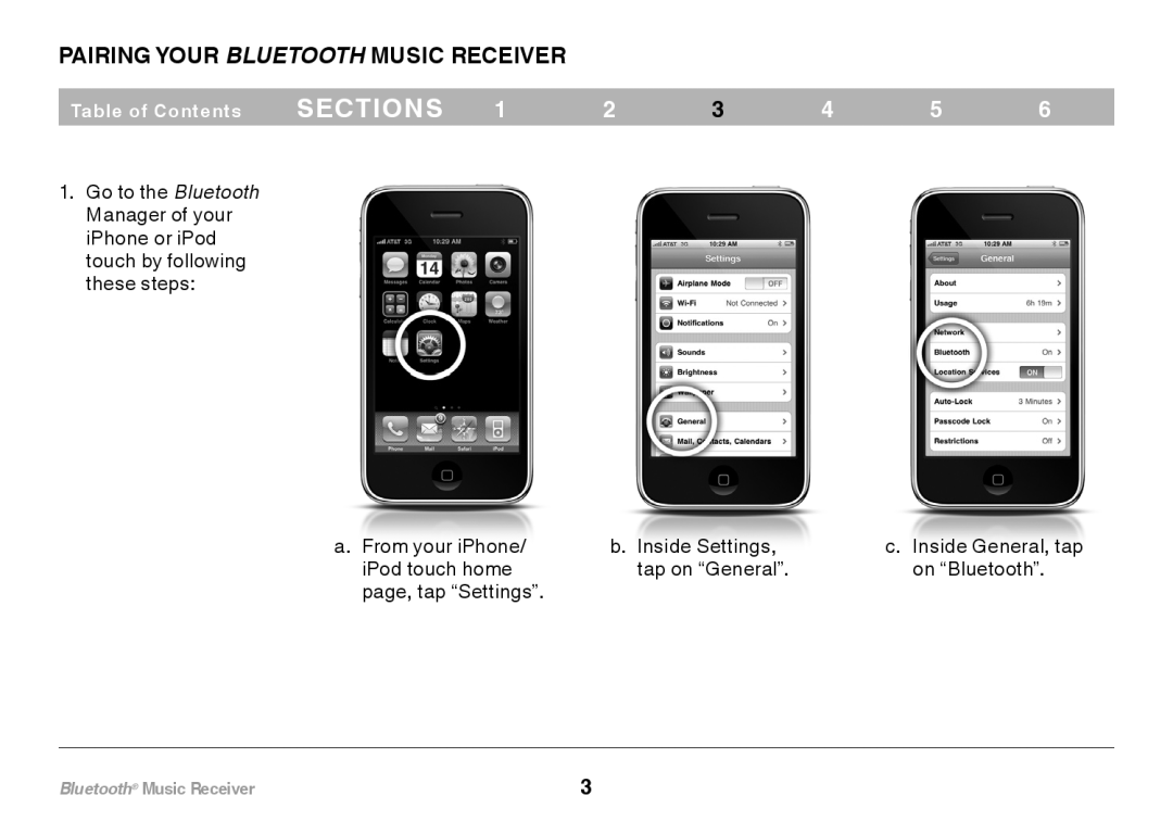 Belkin F8Z492 8820tt00264 Pairing Your Bluetooth Music Receiver, sections, a. From your iPhone, b. Inside Settings 