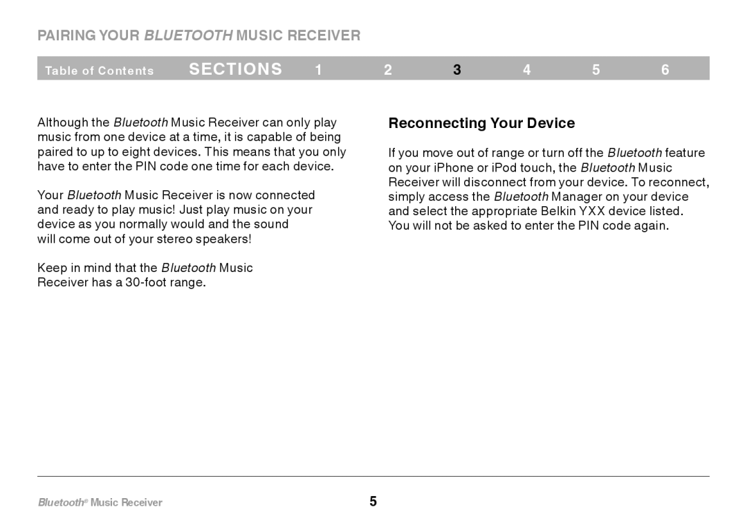 Belkin F8Z492 8820tt00264 user manual Reconnecting Your Device, sections, Pairing Your Bluetooth Music Receiver 