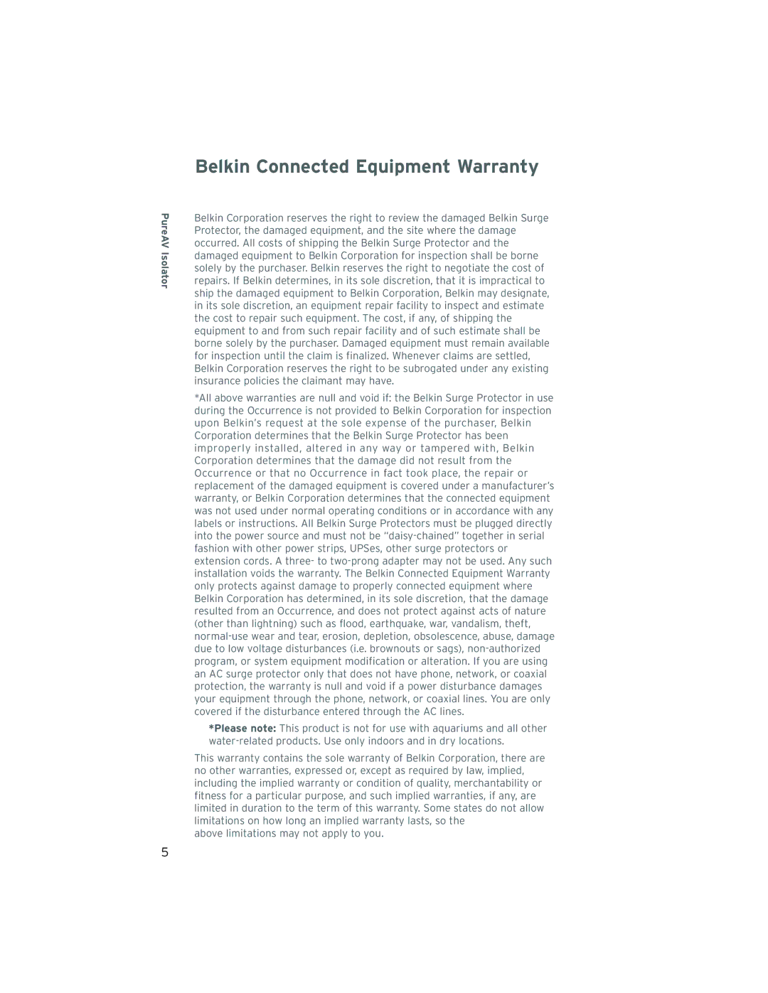 Belkin F9A833-10, F9A1033-12 user manual Belkin Connected Equipment Warranty 