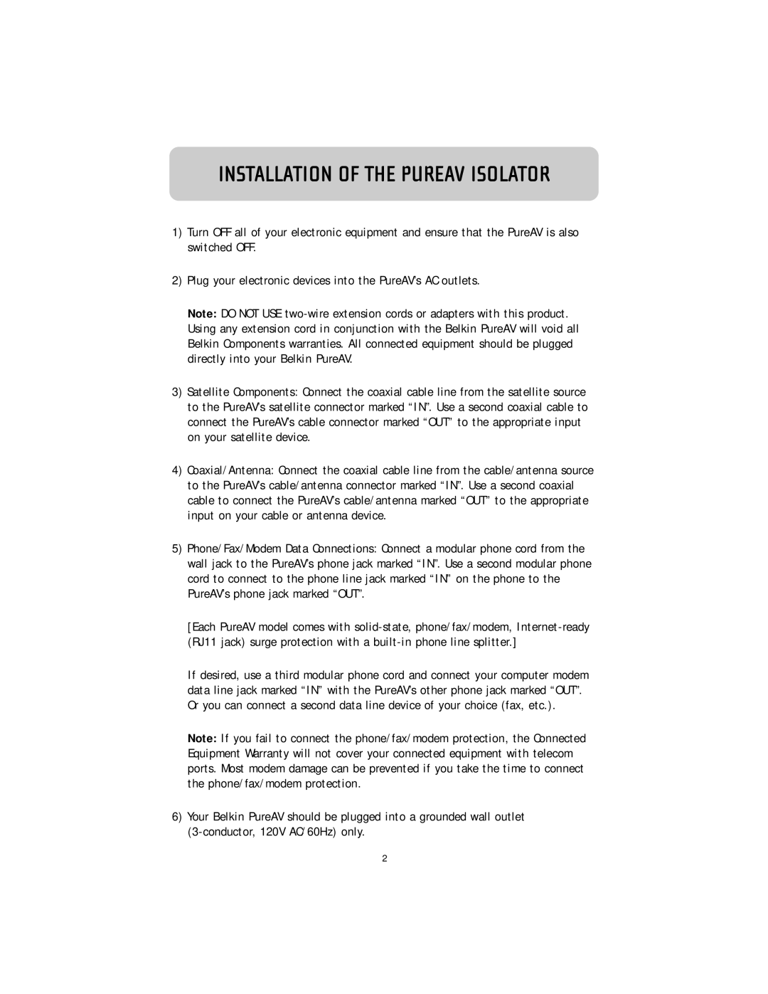 Belkin F9G1033-12 user manual Installation of the Pureav Isolator 