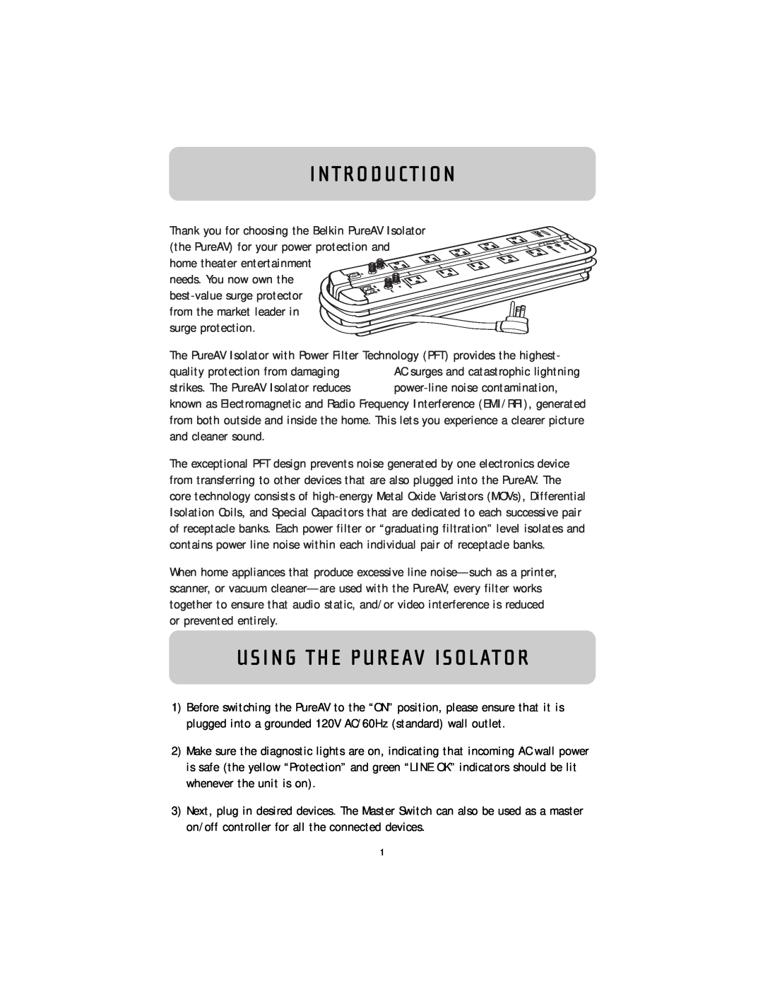 Belkin F9G1033-12 user manual Introduction, Using The Pureav Isolator 