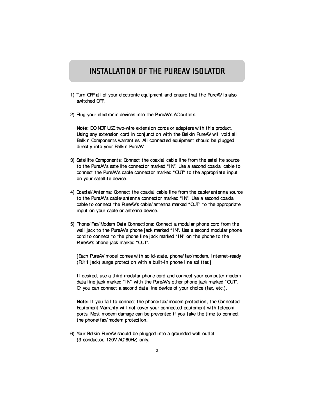 Belkin F9G1033-12 user manual Installation Of The Pureav Isolator 