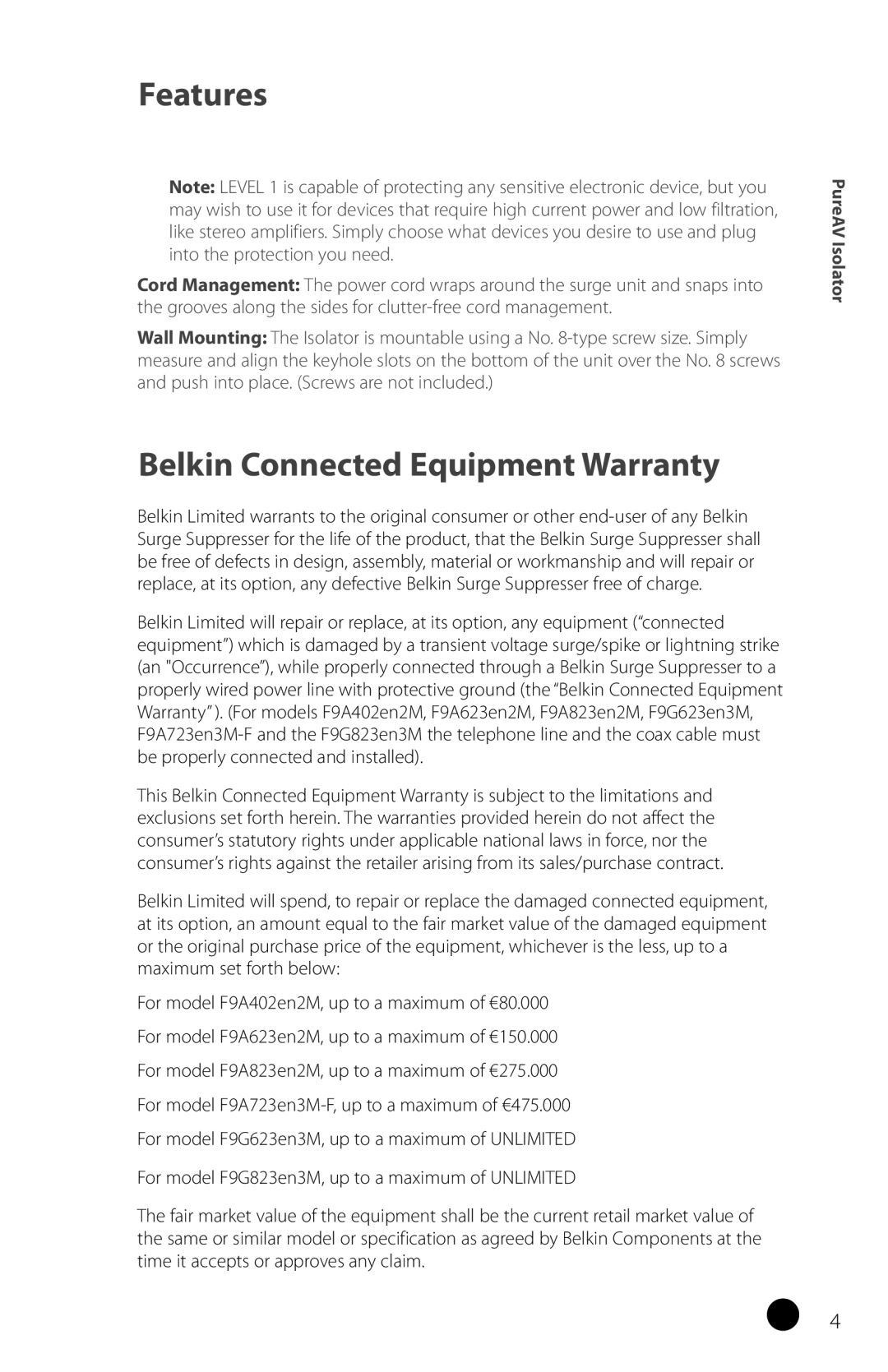 Belkin F9G823EN3M, F9G623EN3M user manual Belkin Connected Equipment Warranty 