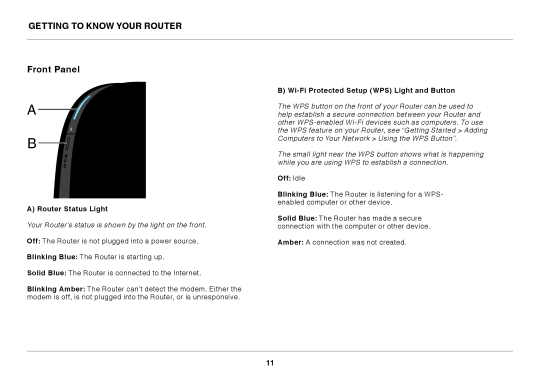 Belkin F9K1001 Getting to Know Your Router Front Panel, Router Status Light, Wi-Fi Protected Setup WPS Light and Button 