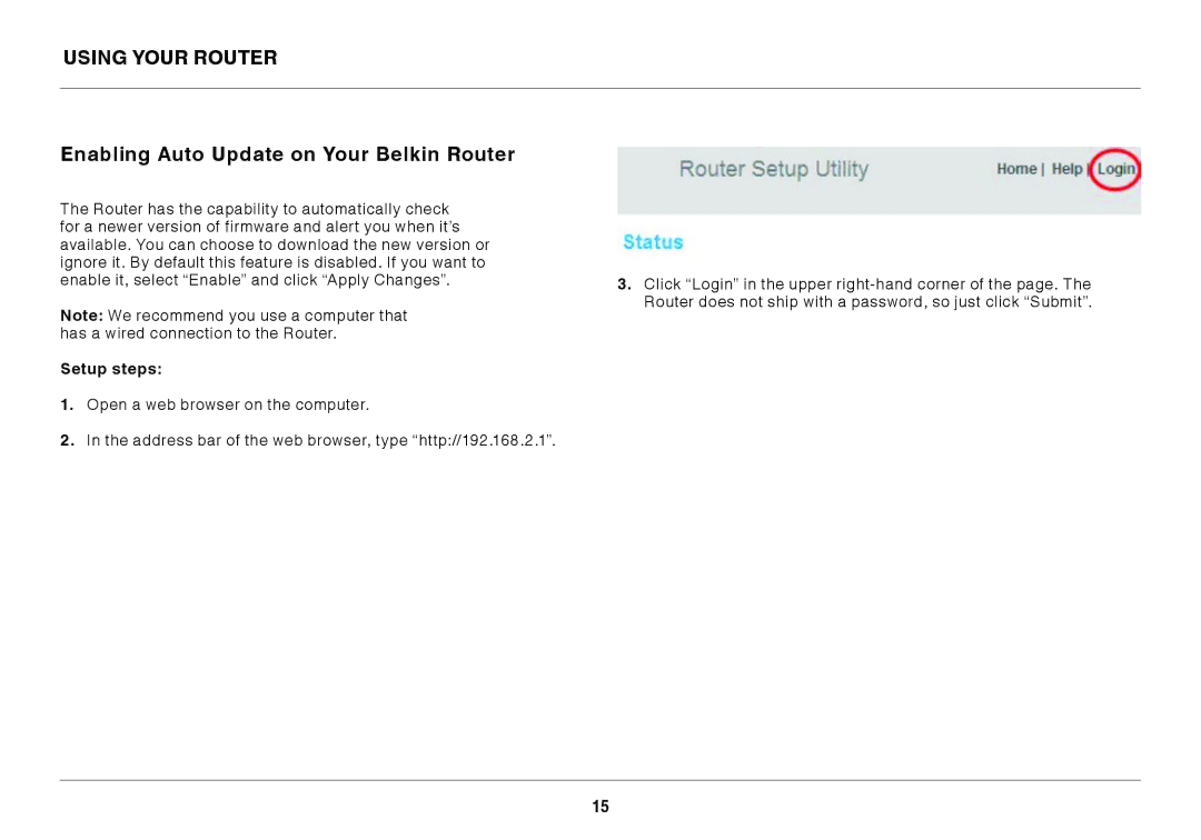 Belkin F9K1001 user manual Enabling Auto Update on Your Belkin Router, Setup steps 