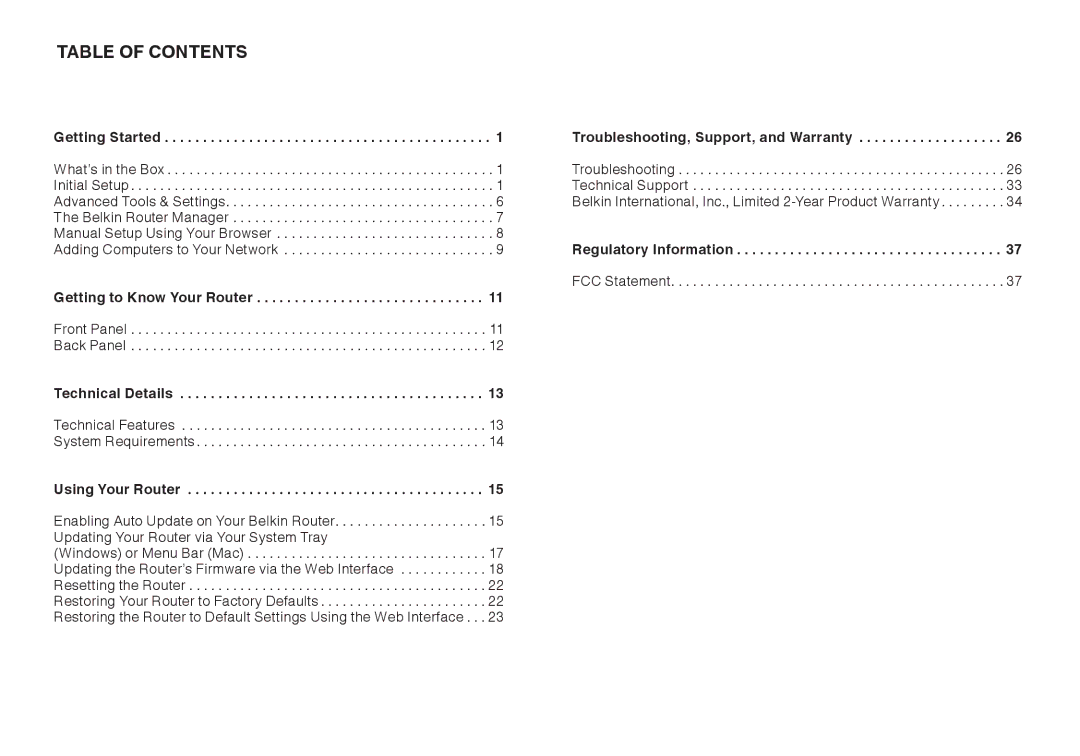 Belkin F9K1001 user manual Table Of Contents 