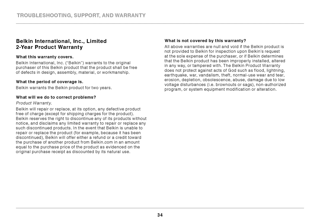 Belkin F9K1001 user manual What this warranty covers, What the period of coverage is, What will we do to correct problems? 