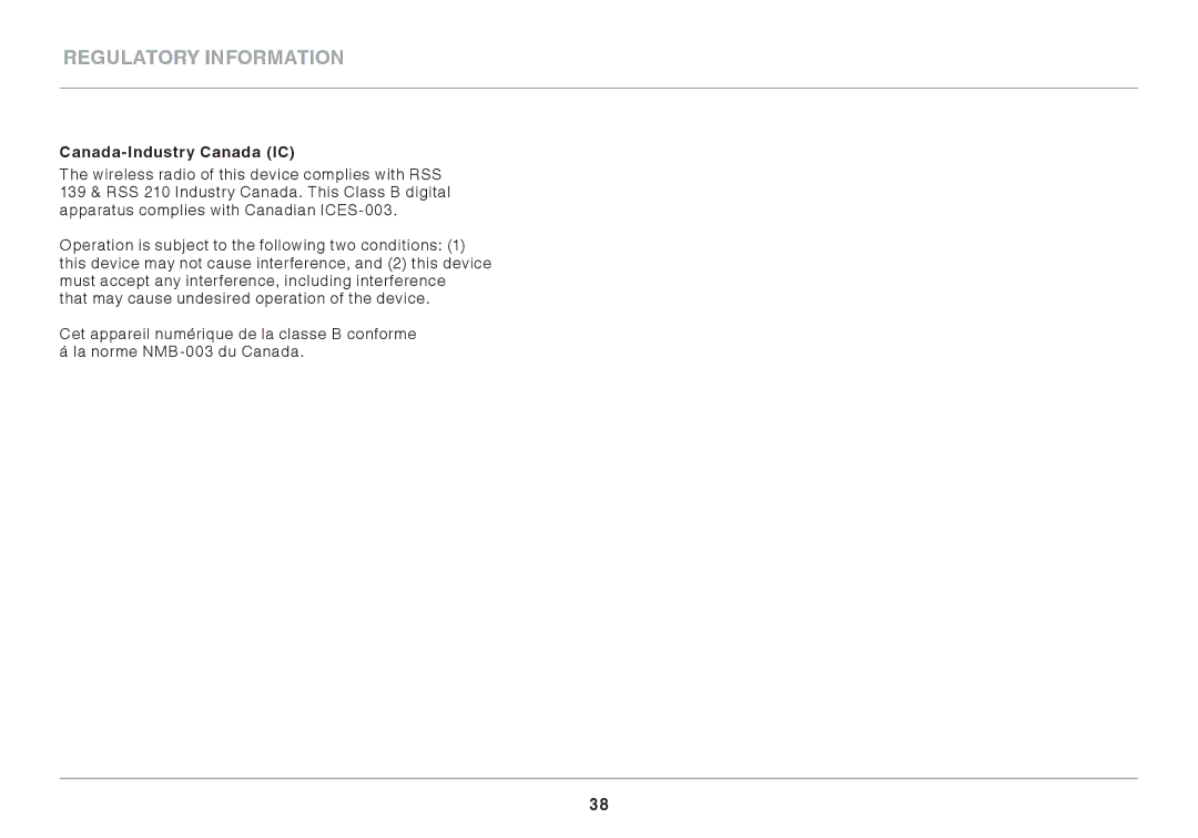 Belkin F9K1001 user manual Regulatory Information, Canada-Industry Canada IC 