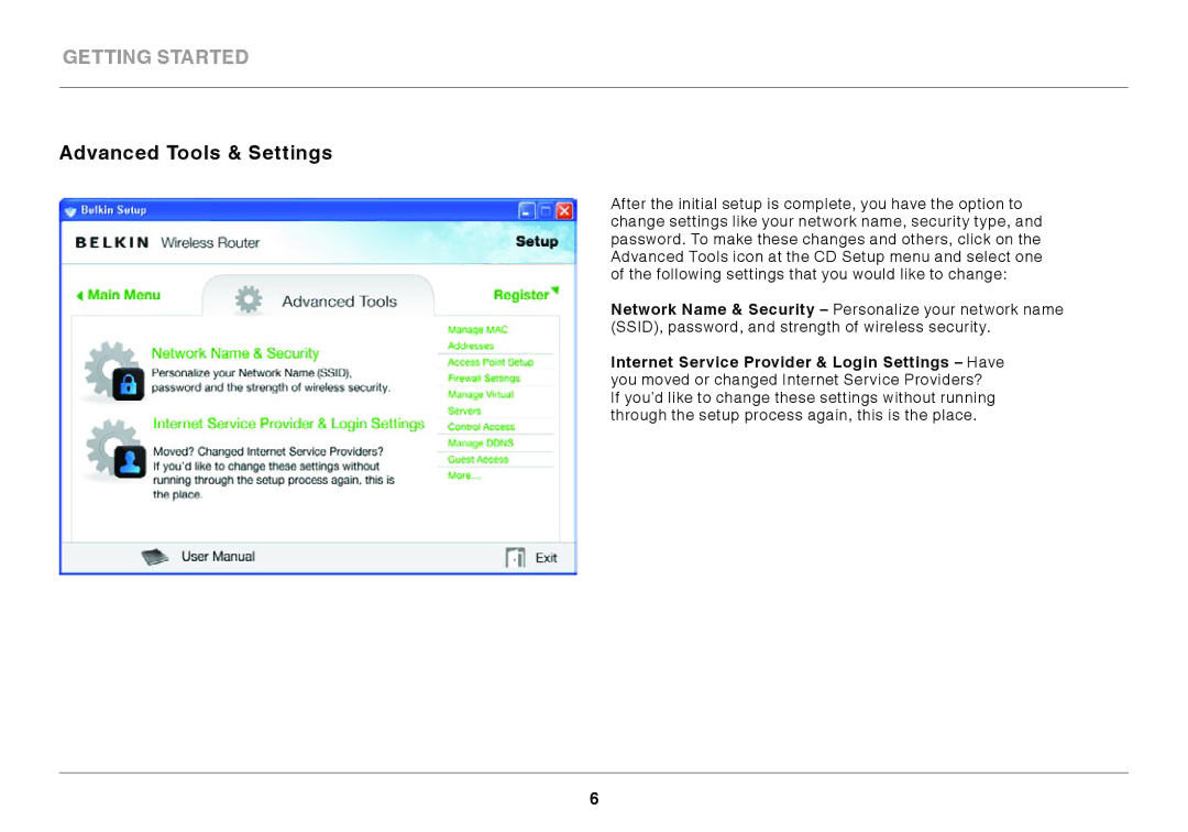 Belkin F9K1001 user manual Advanced Tools & Settings 