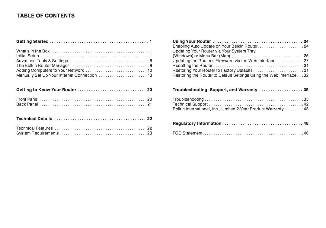 Belkin F9K1002 Table Of Contents, Getting Started, Getting to Know Your Router, Using Your Router, Technical Details 