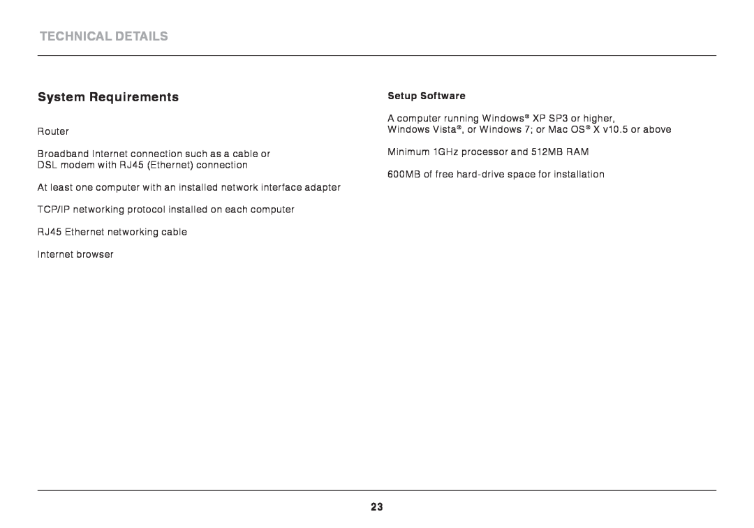 Belkin F9K1002 user manual Technical Details, System Requirements, Setup Software 