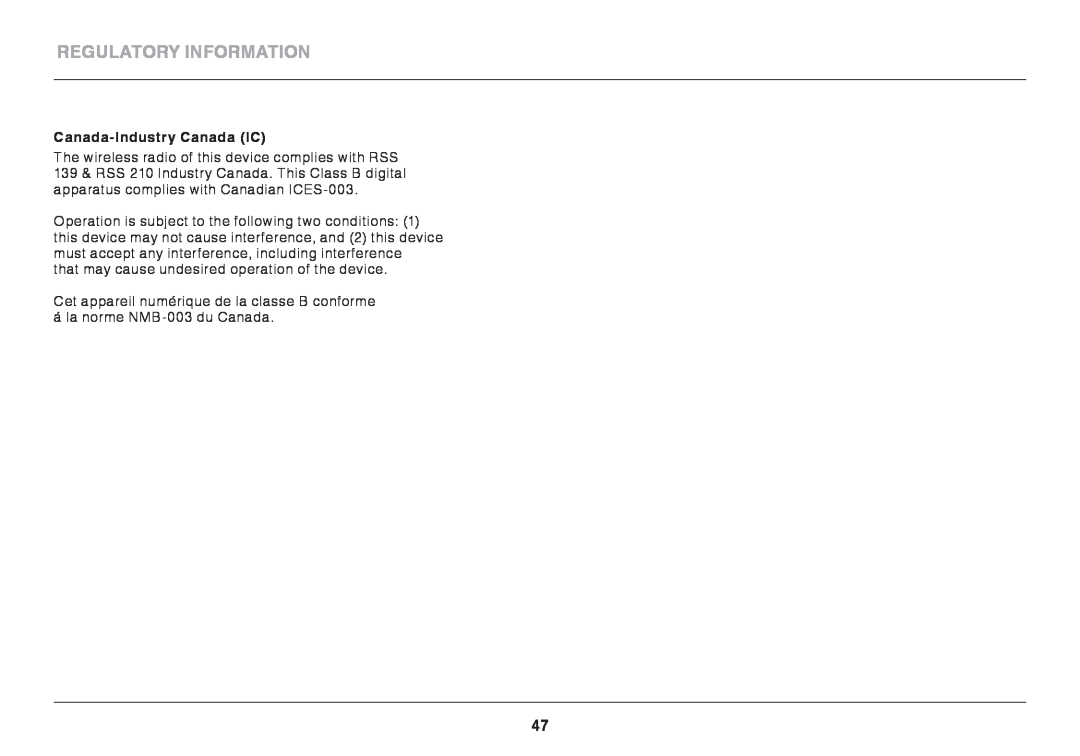 Belkin F9K1002 user manual Regulatory Information, Canada-Industry Canada IC 