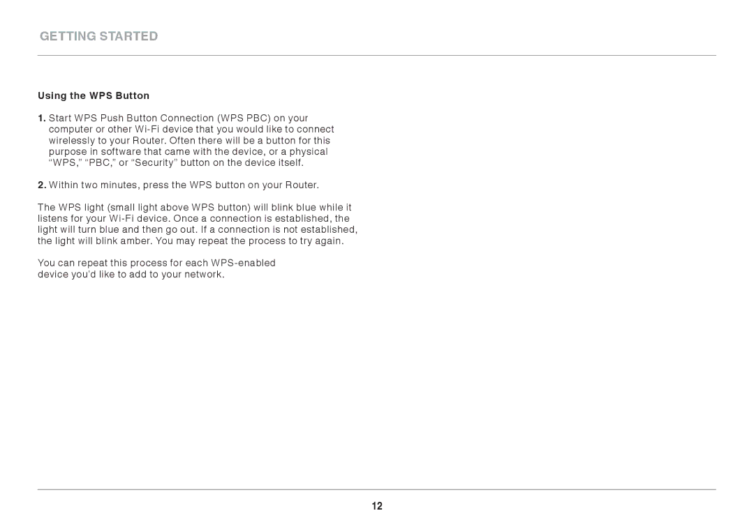 Belkin F9K1002 user manual Using the WPS Button 