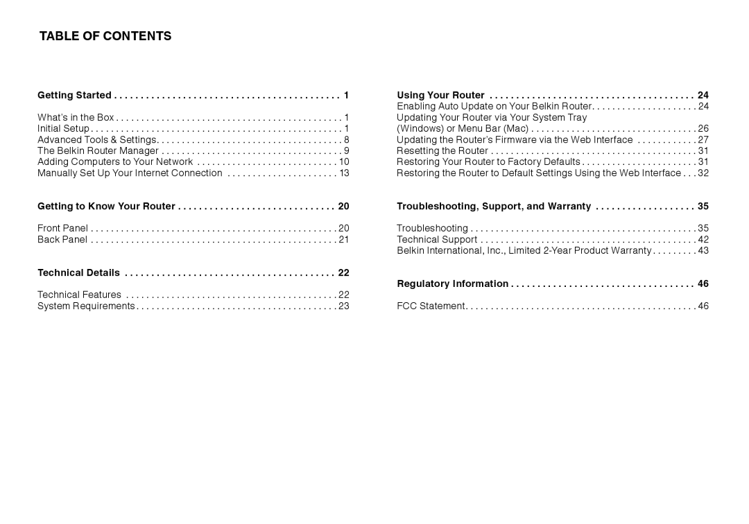 Belkin F9K1002 user manual Table Of Contents 