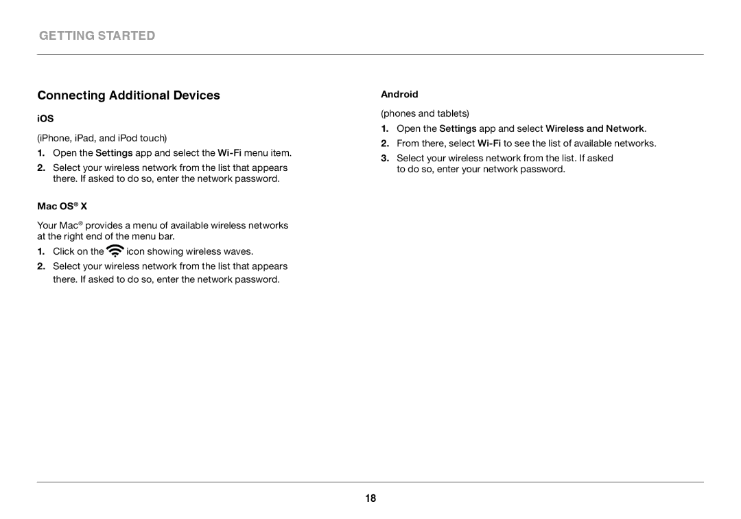 Belkin F9K1002 user manual Connecting Additional Devices, Ios, Mac OS, Android 