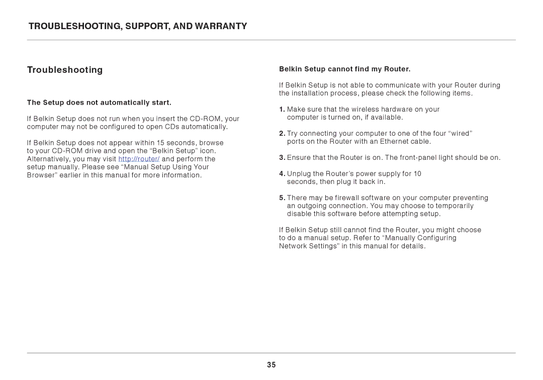 Belkin F9K1002 user manual Troubleshooting, Support, and Warranty, Setup does not automatically start 