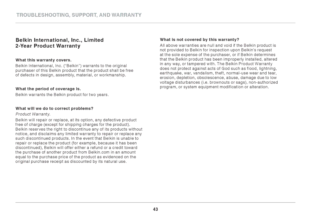 Belkin F9K1002 user manual What this warranty covers, What the period of coverage is, What will we do to correct problems? 