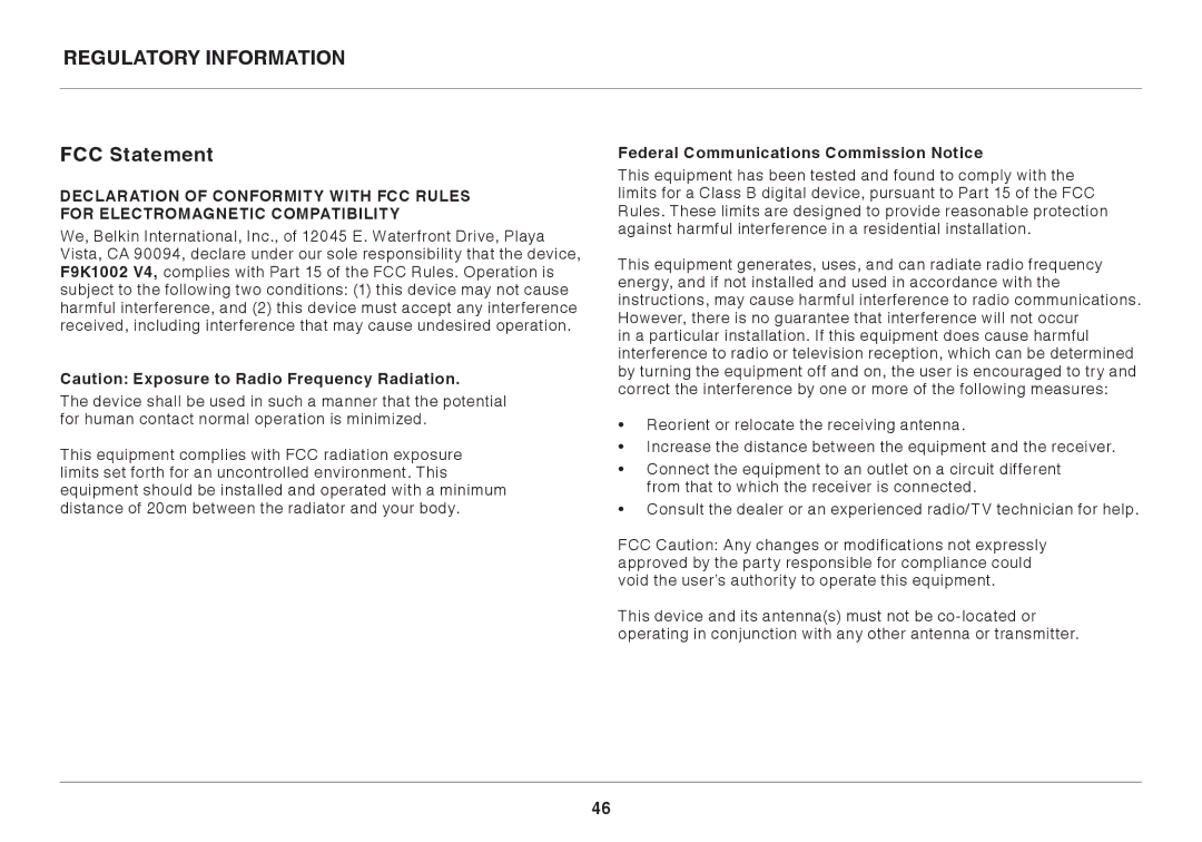 Belkin F9K1002 user manual Regulatory Information FCC Statement, Federal Communications Commission Notice 