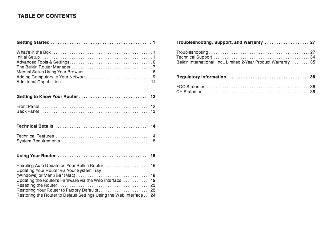 Belkin F9K1003 Table Of Contents, Getting Started, Support, and Warranty, Regulatory Information, Technical Details 
