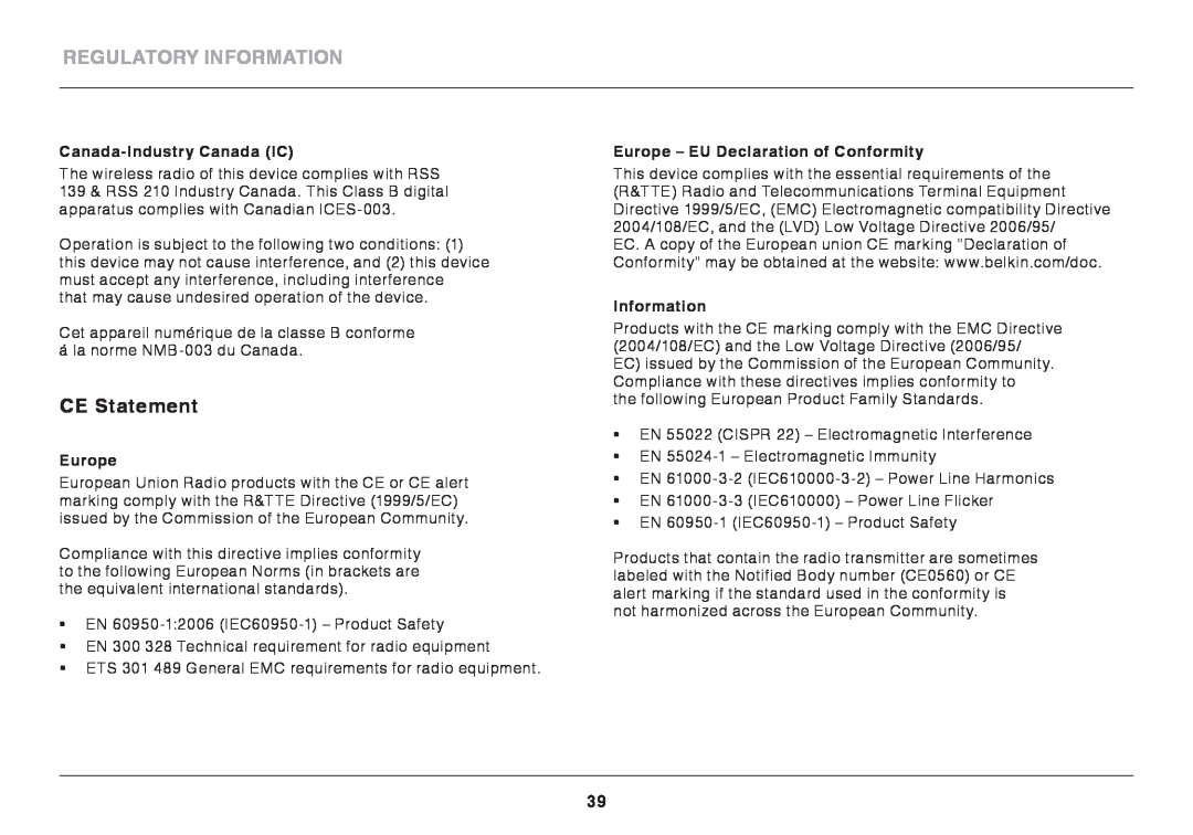 Belkin F9K1003 Regulatory Information, CE Statement, Canada-Industry Canada IC, Europe - EU Declaration of Conformity 