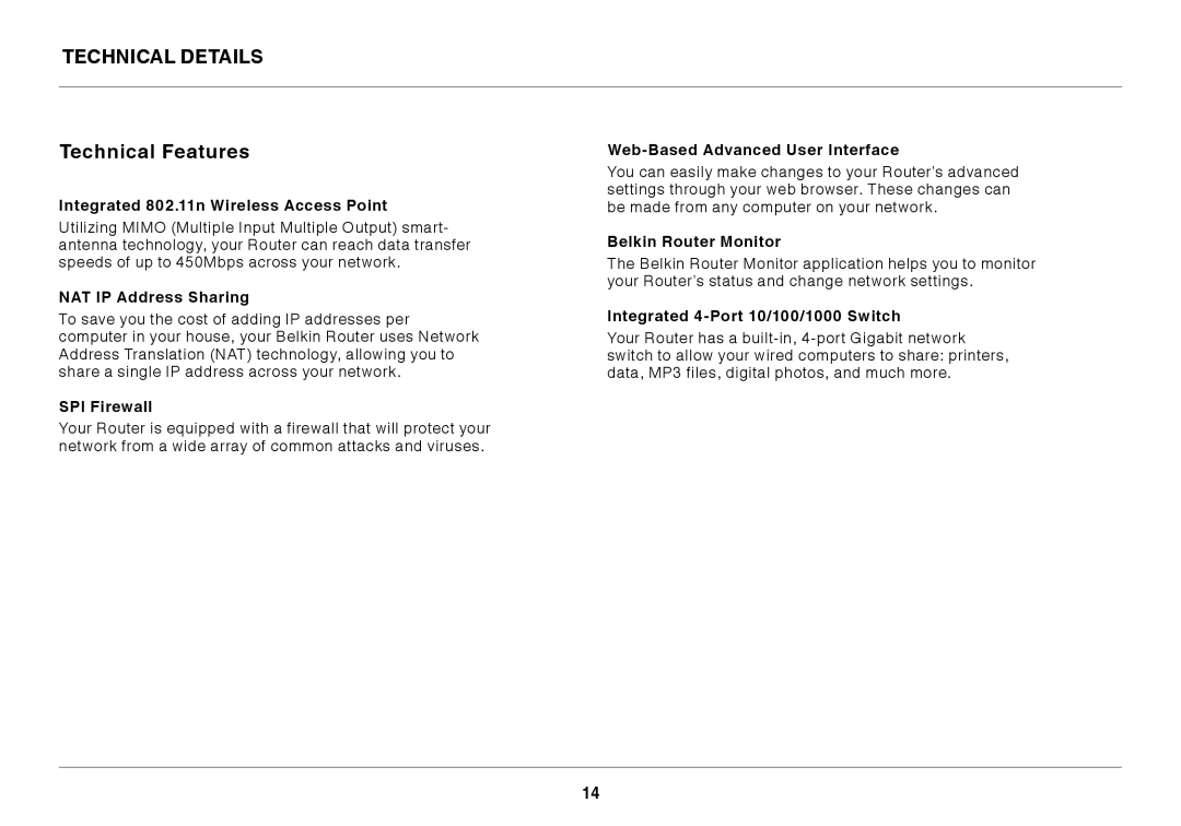 Belkin F9K1003 user manual Technical Details Technical Features 