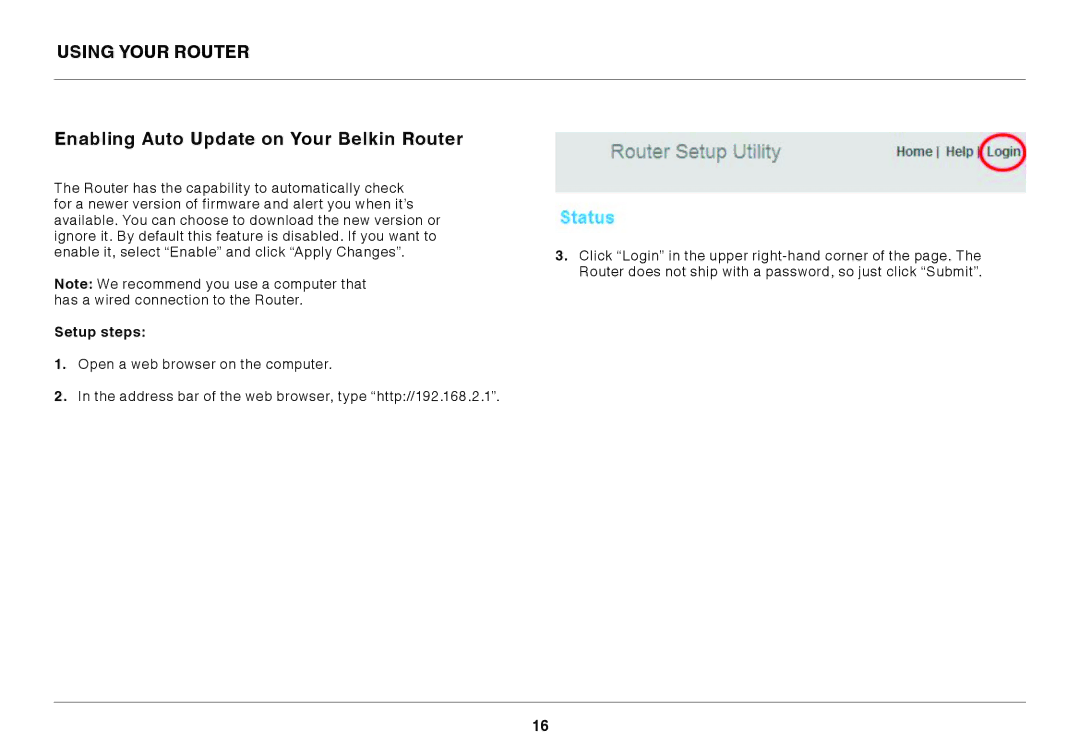 Belkin F9K1003 user manual Enabling Auto Update on Your Belkin Router, Setup steps 