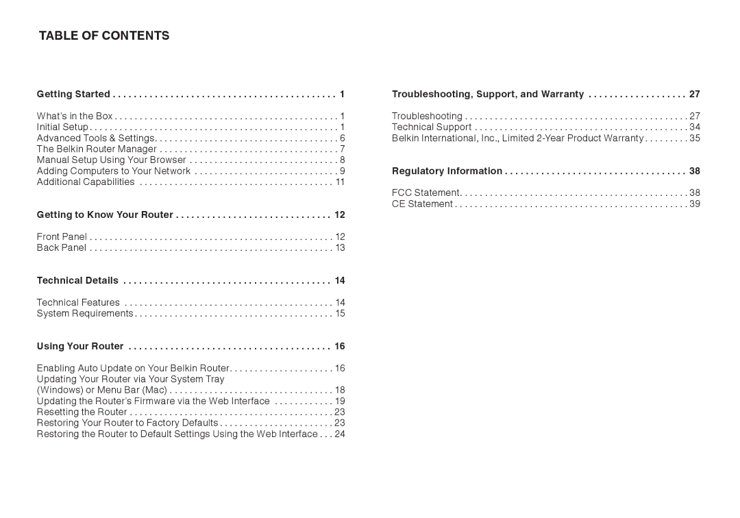 Belkin F9K1003 user manual Table Of Contents 