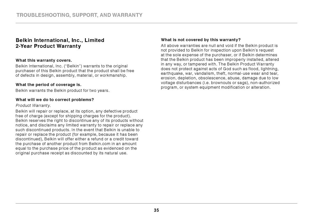 Belkin F9K1003 user manual What this warranty covers, What the period of coverage is, What will we do to correct problems? 