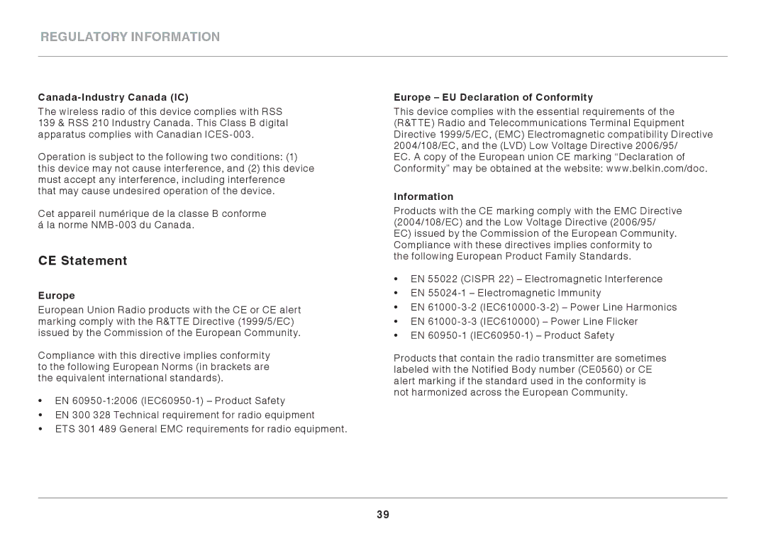 Belkin F9K1003 user manual CE Statement, Canada-Industry Canada IC, Europe EU Declaration of Conformity, Information 