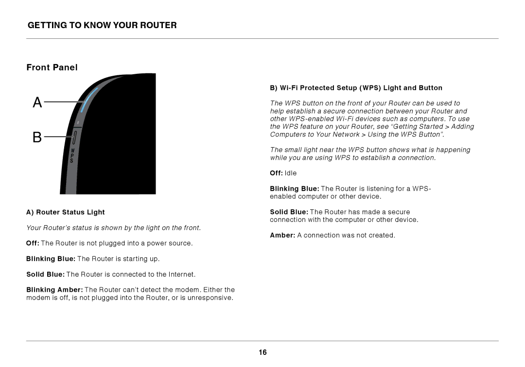 Belkin F9K1102 Getting to Know Your Router Front Panel, Router Status Light, Wi-Fi Protected Setup WPS Light and Button 