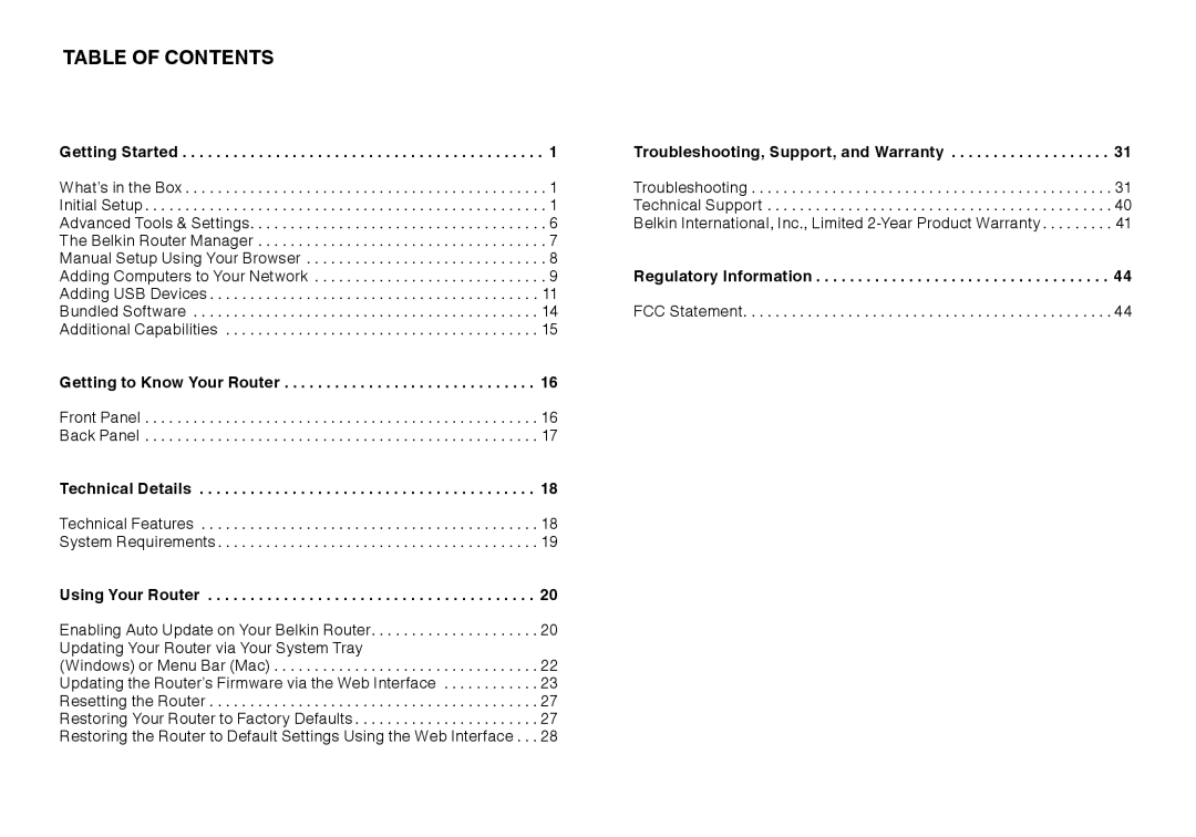 Belkin F9K1102 user manual Table Of Contents 