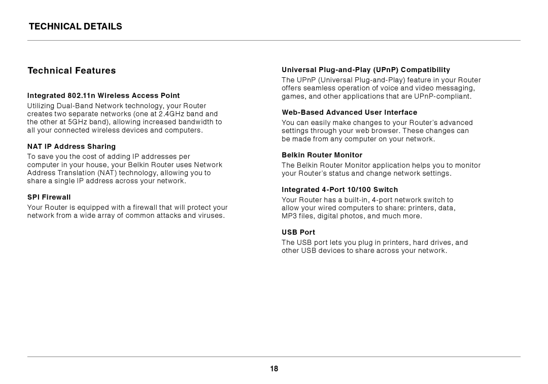 Belkin F9K1102 user manual Technical Details Technical Features 